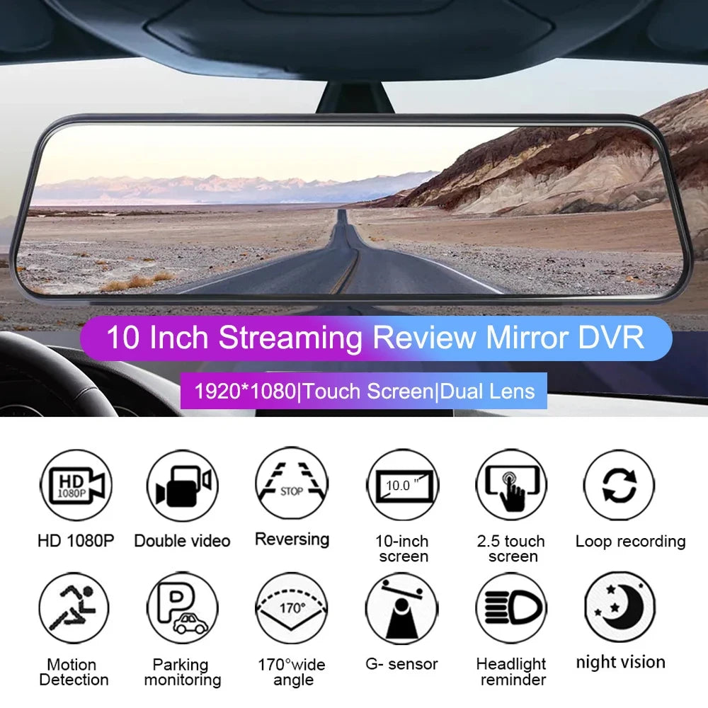 24H Dash Cam 10inch Car DVR Rear Camera Full HD 1080P Drive Video Recorder Registrator Auto Rearview Dual Dashcam Black Box