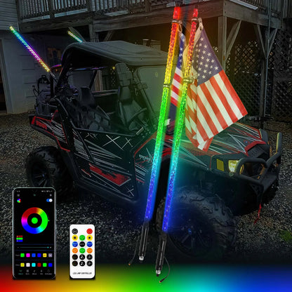 2PCS 4FT 5050RGB Bluetooth And Remote Control Colorful Spiral LED Whip Lights Lighted Antenna Whips for ATV Polaris RZR